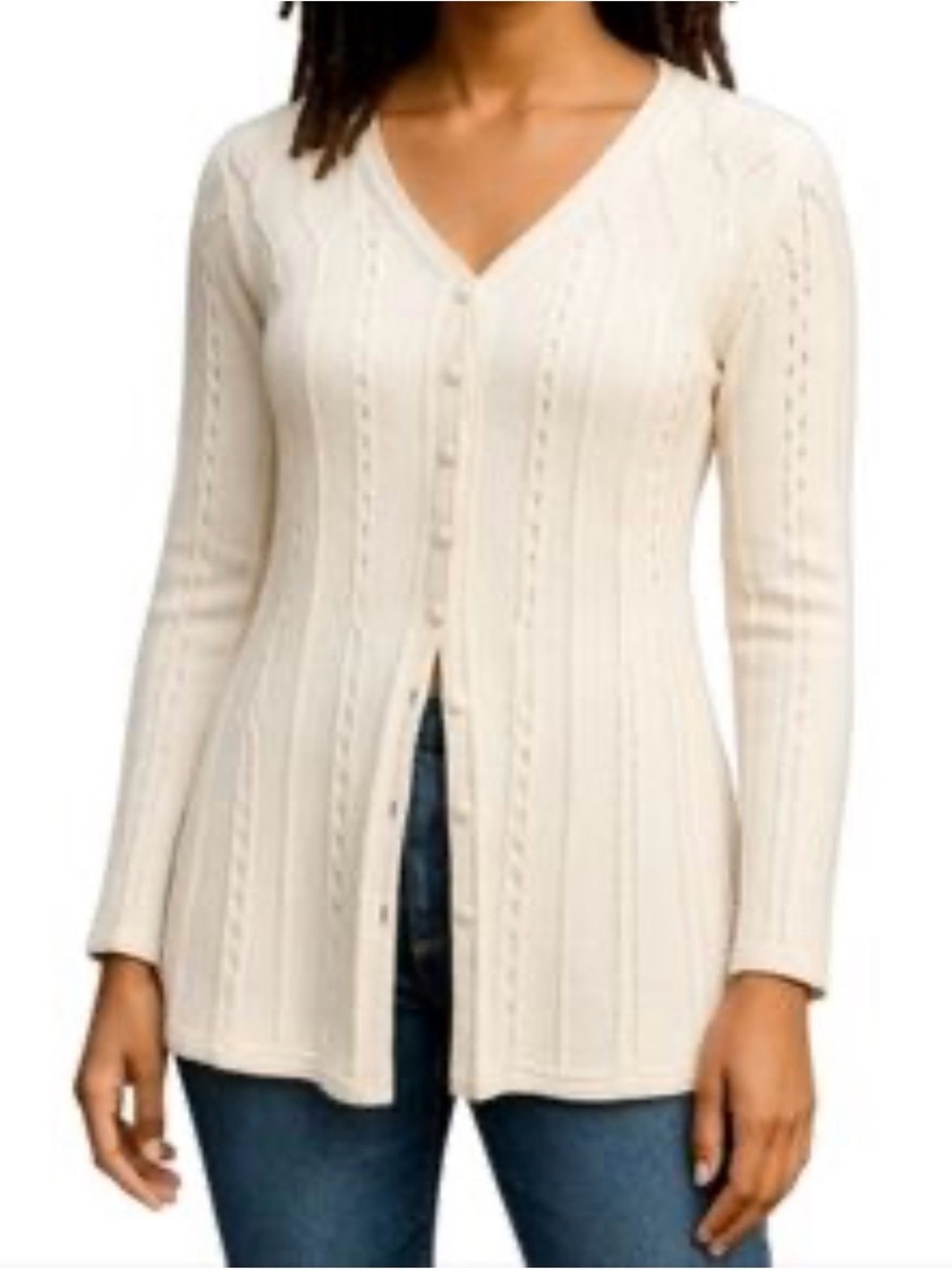 Croft&Barrow Size Medium White V‑Neck Button Front Ribbed Sweater